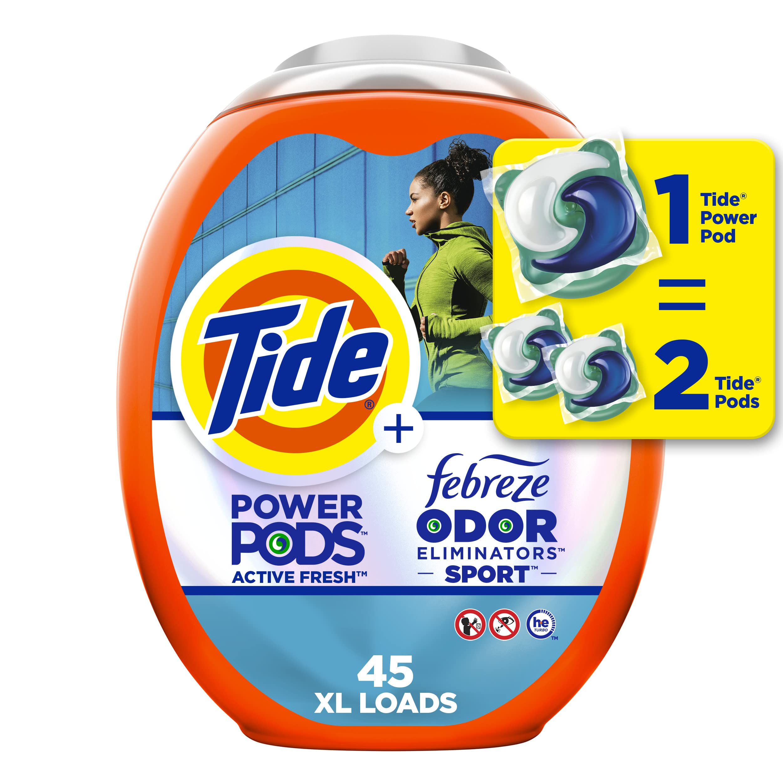 Tide Power Pods Détergent à Lessive avec Febreze Sport, 45 Capsules, Fraîcheur Febreze avec Défense contre les Odeurs Sportives