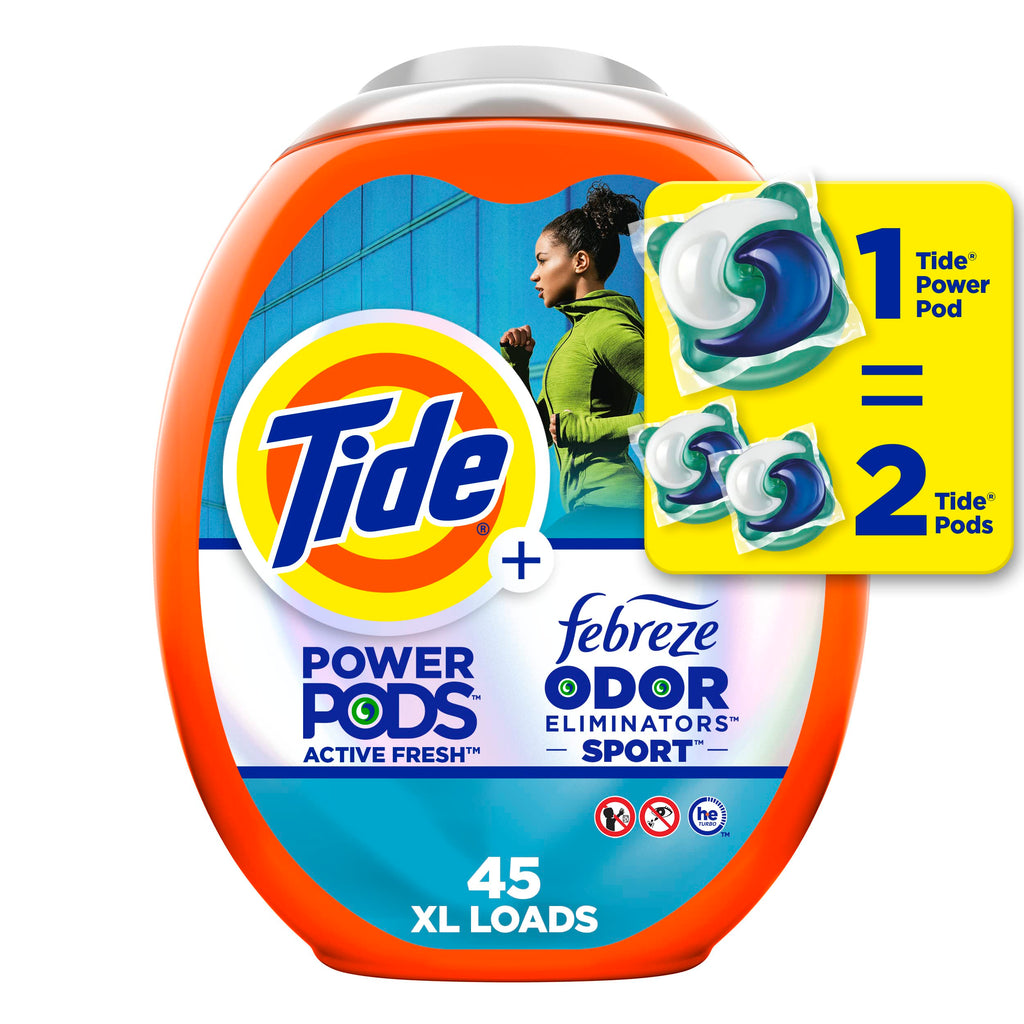 Tide Power Pods Détergent à Lessive avec Febreze Sport, 45 Capsules, Fraîcheur Febreze avec Défense contre les Odeurs Sportives
